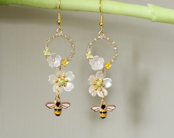 Bumble Bee Enamel Flower Golden Rhinestones Butterfly Water Lily Dangle Drop Silver Stainless Sterling Hooks