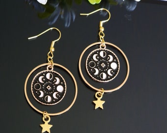 Moon Phases White Black Enamel Golden Tone Dangling Stars Dangle Drop Earrings