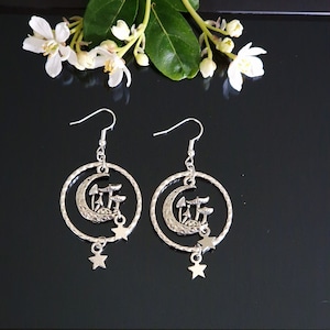 Moon Toadstool Mushrooms Hammered Frame Dangling Stars Lily of the Valley Earrings Dangle Drop Silver Stainless Steel 925 Sterling Silver