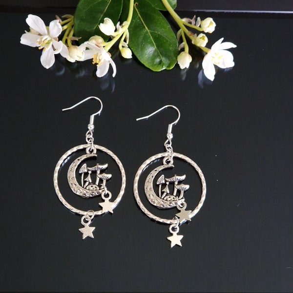 Moon Toadstool Mushrooms Hammered Frame Dangling Stars Lily of the Valley Earrings Dangle Drop Silver Stainless Steel 925 Sterling Silver