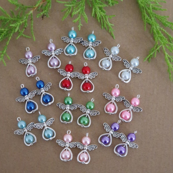 10 or 20 Mixed Angel Charms Pendant Metal Heart Pearl Beads Silver Wings Christmas Stocking Filler Tree Decoration