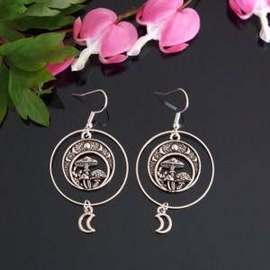 Crescent Moon Phases and Mushrooms Toadstool in Circle Earrings Round Dangle Drop Antique Silver Stainless Steel 925 Sterling Silver (73)