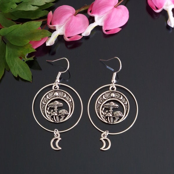 Moon Phases and Mushrooms Toadstool in Circle Earrings Round Dangle Drop Antique Silver Stainless Steel 925 Sterling Silver (73)