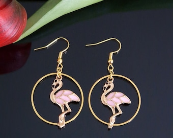 Pink Flamingo Enamel Golden Tone Dangle Drop Earrings
