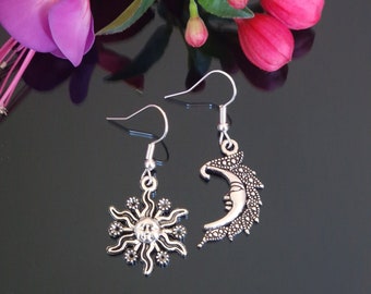 Dangle Drop Earrings  Crescent Moon and Sun Tibetan Antique Silver (24A)