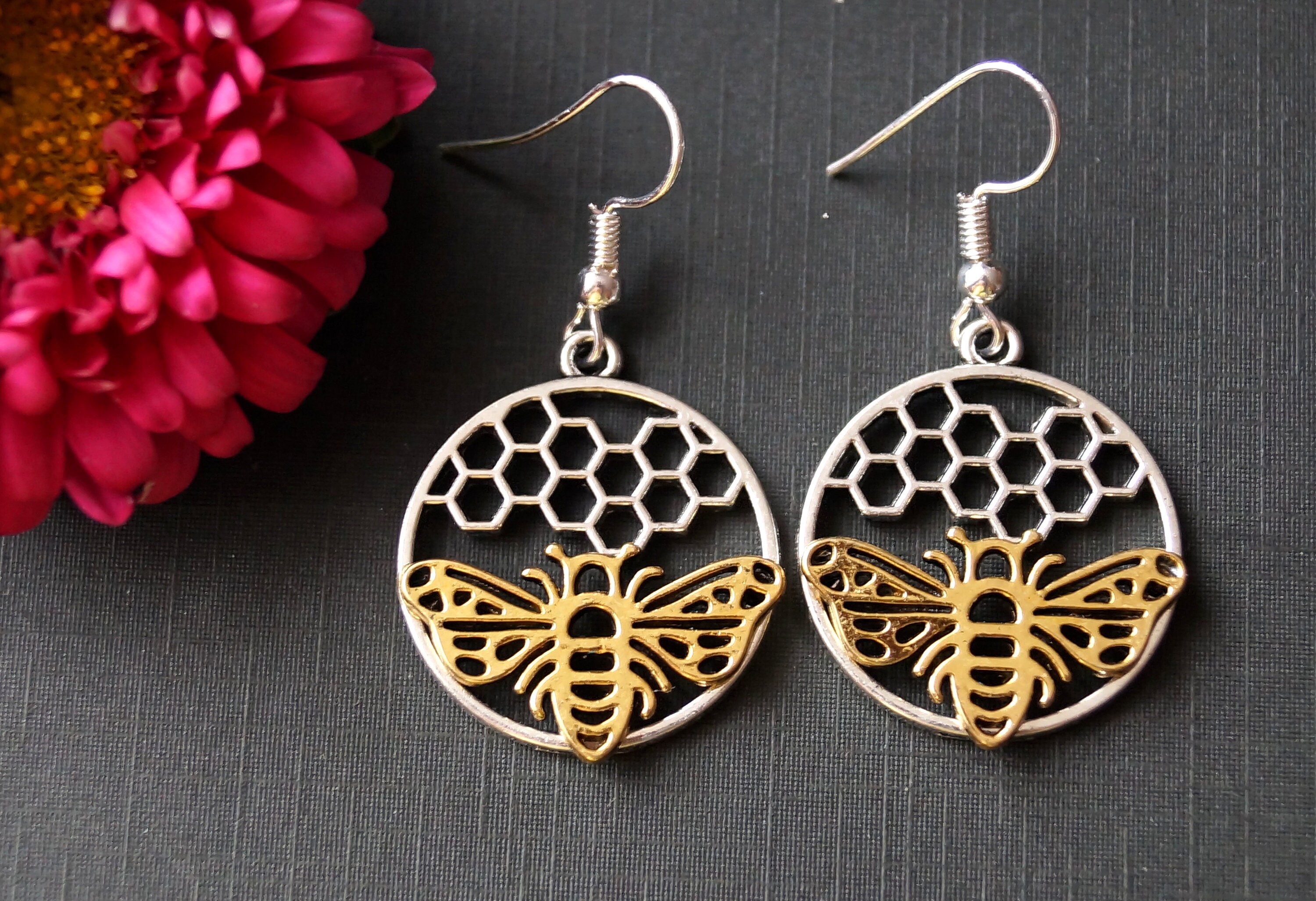 Earrings Bumble Bee and Honeycomb Tibetan Silver and Golden Charms Da…
