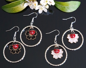 Sakura Flower Enamel White Black Ladybird Ladybug Hammered Frame Dangle Drop Silver Earrings Stainless Steel 925 Sterling Silver Gift