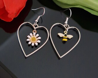 Enamel Flower Daisy and Bumble Honey Bee in Heart Asymmetric Dangle Drop Earrings Stainless Steel 925 Sterling Silver