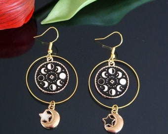 Maanstanden Wit Zwart Emaille Gouden Toon Sterren Dangle Drop Oorbellen