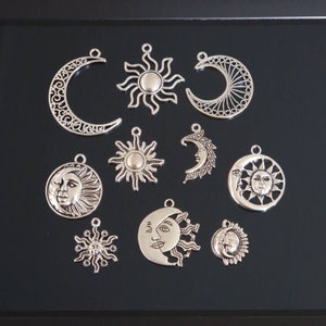 10 Mixed Moon and Sun Antique Silver Charms Pendants Wicca Pagan Witch TSC126