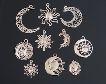 10 pendentifs à breloques lune et soleil en argent antique, sorcière païenne wicca TSC126