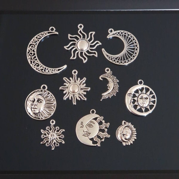 10 pendentifs à breloques lune et soleil en argent antique, sorcière païenne wicca TSC126