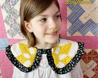 Kids Handmade DETATCHABLE Sunflower QUILT COLLAR Made From a Vintage Amish Star Dahlia Quilt Yellow + White w/ Black Ruffle + Snap Closure