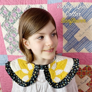 Kids Handmade DETATCHABLE Sunflower QUILT COLLAR Made From a Vintage Amish Star Dahlia Quilt Yellow + White w/ Black Ruffle + Snap Closure