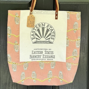 EASTERN States FARMERS EXCHANGE Springfield Mass Upcycled Grain Sack Tote Bag ze skórzanymi uchwytami | W pełni podszyta | Wewnętrzne kieszenie | Echino