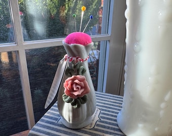 VINTAGE PINCUSHION Made from a Porcelain Pink Floral Mini Vase and Petit Pan Fabric
