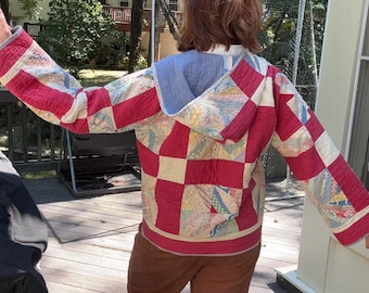 Vintage String Quilt Coat: 1930s Pastel Prints, Red Sashing, Hooded | Size 10 12 14