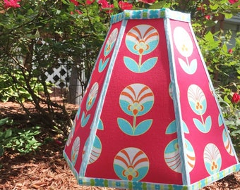 HANDMADE TULIP LAMPSHADE Lamp Shade Using Jeni Baker Color Me Retro Florette Fabric in Ruby Red and Aqua Blue 9 inches Tall 6 Sided Shade