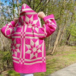 PLUS Size Star Dahlia QUILT COAT from a Bright Pink Vintage quilt that is Hand Quilted has Hood Fits Sizes 18 20 22 24 xxl Upcycled Quilt