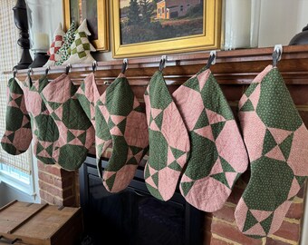 QUILT CHRISTMAS STOCKINGS: From a Vintage Octagon and Bowtie Hand Quilted Antique Red Green Quilt