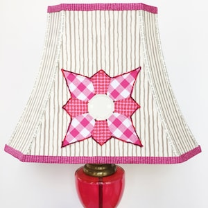 HANDMADE Faux WOODGRAIN Quilt Block LAMPSHADE Lamp Shade Neutral off White and Gray with Shades of Pink and Embroidery Text Trim