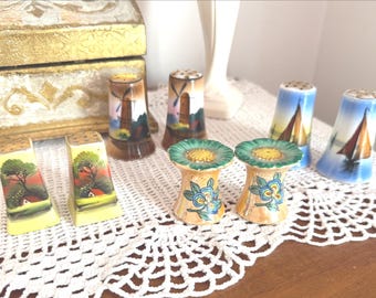 8 pc LOT Vintage Japanese SALT PEPPER Shakers – 4 Unique Sets – Hand-Painted Porcelain & Lusterware – 1950s