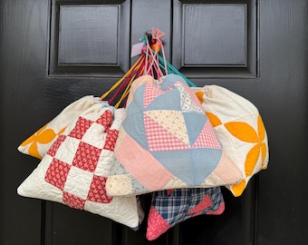 Vintage QUILT DRAWSTRING TOTE | Small Batch made from vintage quilts