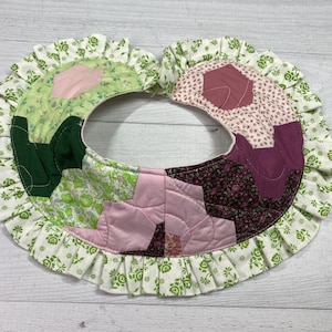 Kids Handmade DETATCHABLE QUILT COLLAR Made From a Vintage Grandmothers Flower Garden Quilt with Snap Closure and vintage ruffle fabric trim