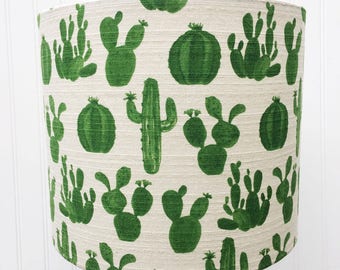 HANDMADE CACTUS Drum Style LAMPSHADE Lamp Shade Made with Barkcloth with Vintage Mid Century Modern Vibe Light Shade Green and Creamy White