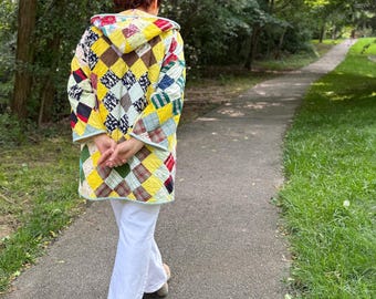 Vintage Granny Square Quilt Coat: XL Patchwork Hooded Jacket