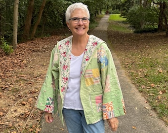 GREEN QUILT COAT: Made from a Vintage Quilt | Has Hood + 2 Patch Pockets