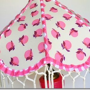 Handmade pink FRUIT LAMP SHADE Made with a Vintage Scallop Curvy Victorian style Frame with Ruffle + Cotton + Steel fabric lampshade