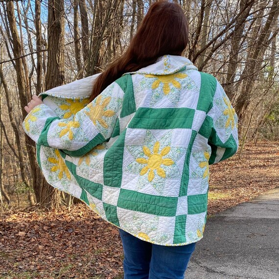 Vintage Star Dahlia Quilt Coat Plus Size 14 16 18 Hand Quilted Quilt Jacket XL Cheerful Yellow Green and White Shawl Collar Style Etsy UK
