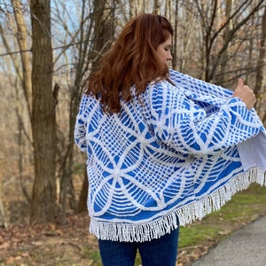 PLUS size Blue VINTAGE Needle Tufted CHENILLE Bedspread Handmade Coat White Fringe For Sizes 12 14 16 18 Banded Collar Coastal Grandma Chic