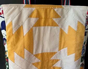 STASH CUBE Vintage Quilt Tote Bag | Yellow Pineapple Block, Hello Kitty Fabric