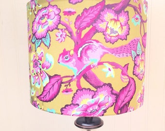 Handmade TULA PINK CHIPMUNK Medium Drum Lampshade Lamp Shade Chipper Light Shade Chartreuse Purple Pink Leaves and Flowers Washer Top