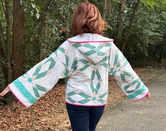 Vintage Quilt Coat | Hooded Diamond Pattern, Flared Sleeves