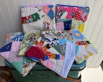 Repurposed + Upcycled Vintage Patchwork QUILT ZIPPY POUCH made from a vintage quilts + fun zippers