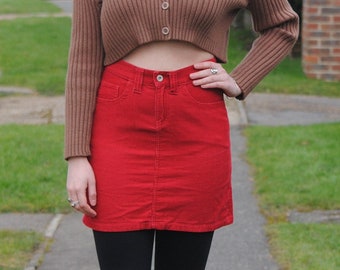 90s Vintage Red Corduroy High Waisted Mini Skirt