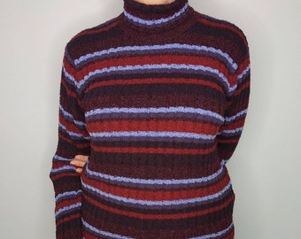90s Vintage Chenille Striped Roll Neck Turtleneck Jumper