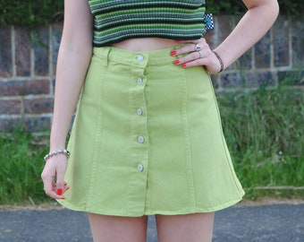90s  Deadstock Vintage Green Denim Button Up Mini Skirt