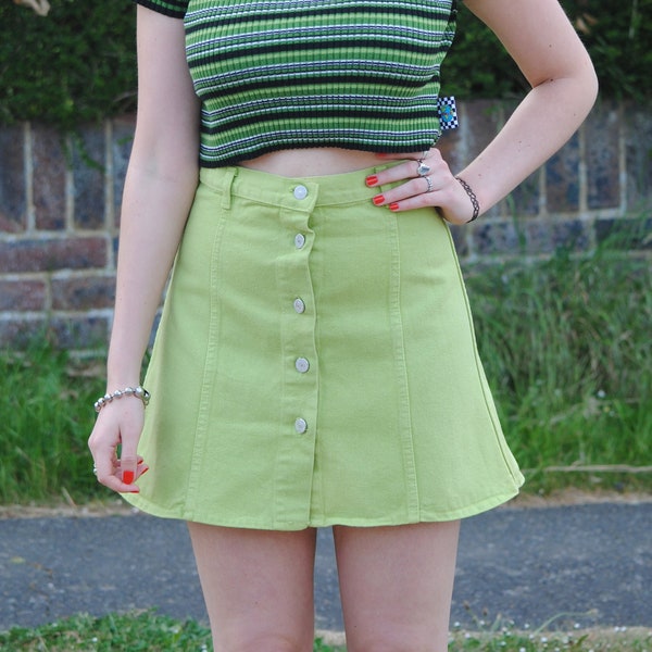 90s  Deadstock Vintage Green Denim Button Up Mini Skirt