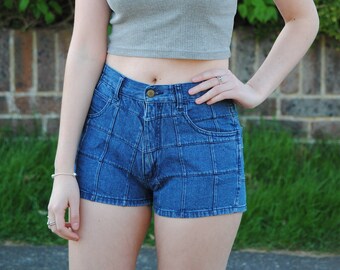 90s does 70s Vintage Patchwork Denim High Waisted Shorts