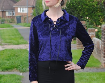 90s Vintage Purple Crushed Velvet Lace Up Shirt