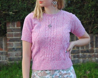 90s Vintage Pink Cable Knit Jumper Top with Short Sleeves