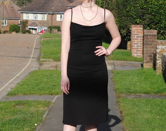90s/Y2K Vintage Little Black Midi Dress with Cowl Neck & Corset/Lace Up Back
