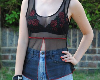 90s Vintage Sheer Mesh Split Front Top