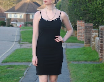 90s/Y2K Vintage Black Mesh Mini Dress with Rosebud Detail and Lettuce Hem