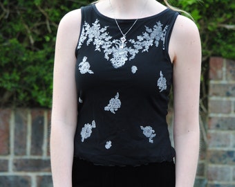 90s/Y2K Vintage Black Sheer Mesh Floral Overlay Tank Top