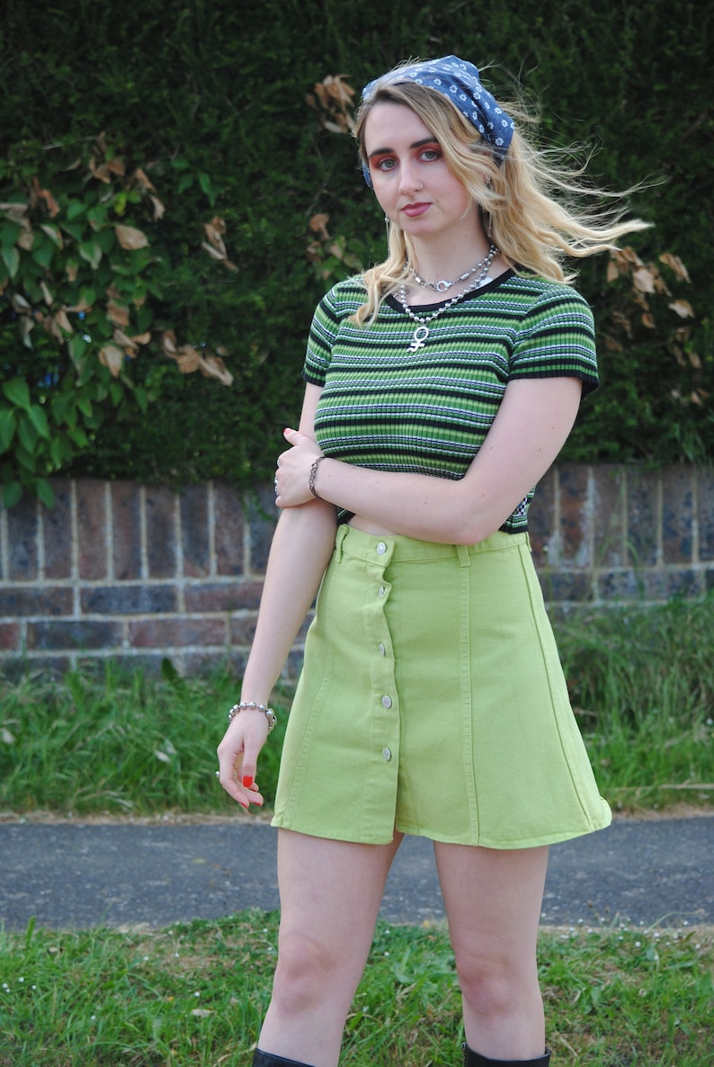 90s Deadstock Vintage Green Denim Button Up Mini Skirt